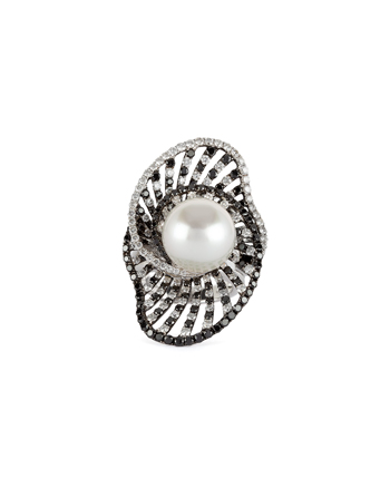 Inel din aur alb de 18k cu perla Akoya si diamante naturale