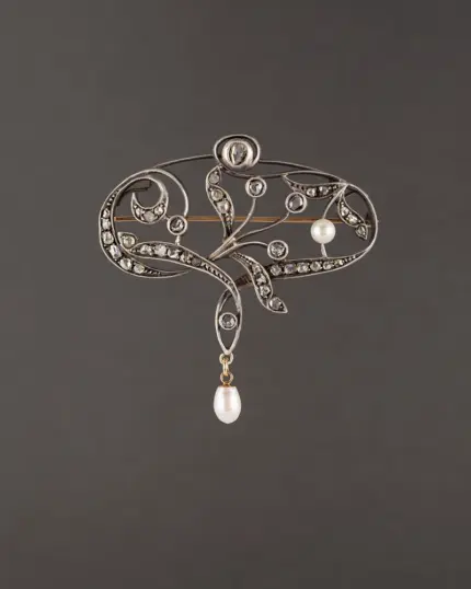 Brosa-pandant Art Nouveau din aur de 18k si argint cu perlute si diamante naturale