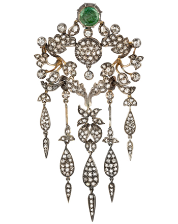 Brosa Art Nouveau din aur de 18k si argint cu smarald si diamante naturale