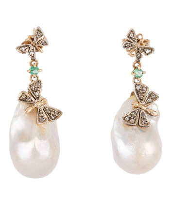 Cercei din aur de 14k si argint cu perle baroc, smaralde si diamante naturale