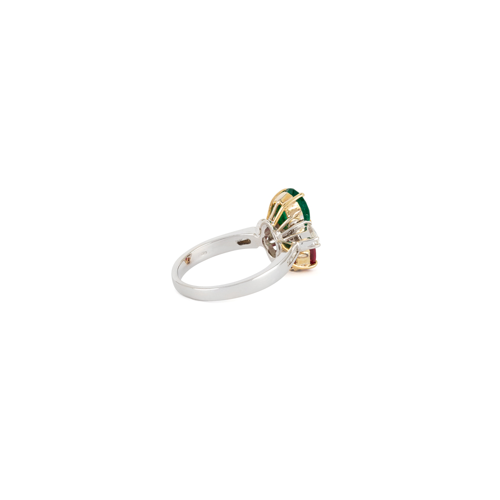 Inel din aur alb de 18k cu smarald, rubin si diamante naturale