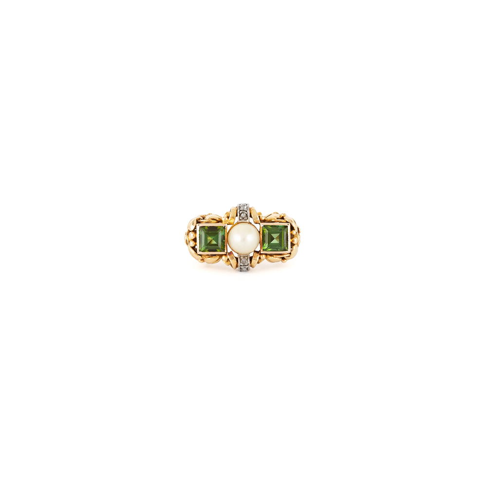 Inel Art Deco din aur de 14k cu turmalina verde, perla si diamante naturale