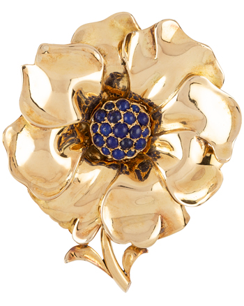 Brosa vintage lucrata manual din aur de 18k cu lapis lazuli 