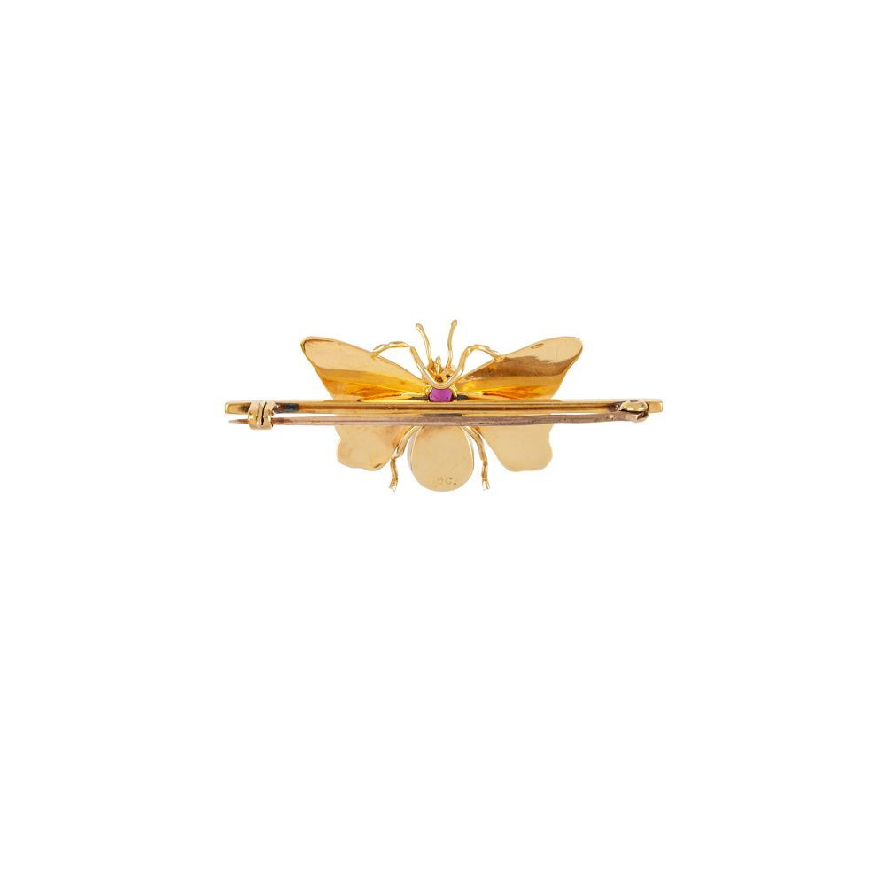 Brosa vintage fluture din aur de 15k cu perla si rubin