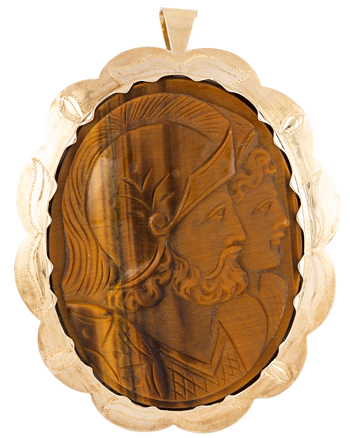 Brosa-Pandant din aur de 14k cu cap de roman sculptat in ochi de tigru