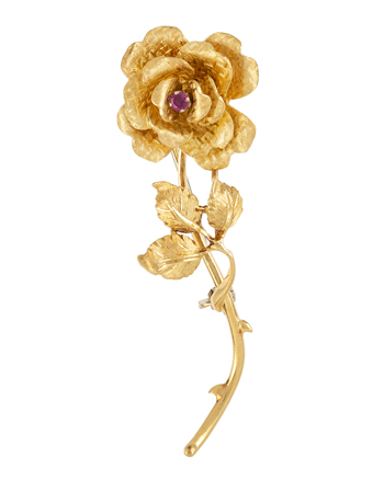 Brosa trandafir din aur de 18k si rubin natural