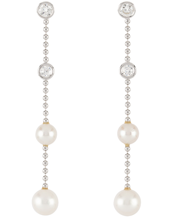 Cercei lungi din aur alb de 18k cu perle si diamante naturale 1.6ct