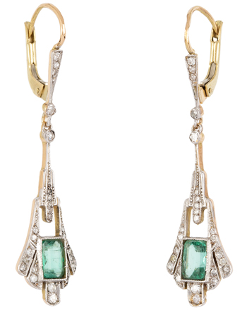 Cercei autentici Art Deco din aur de 18k si platina cu smarald si diamante naturale