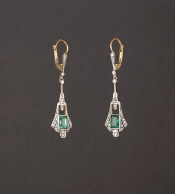 Cercei autentici Art Deco din aur de 18k si platina cu smarald si diamante naturale