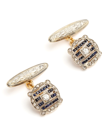 Butoni de camasa Art Deco din aur de 18k si platina cu safire si diamante naturale