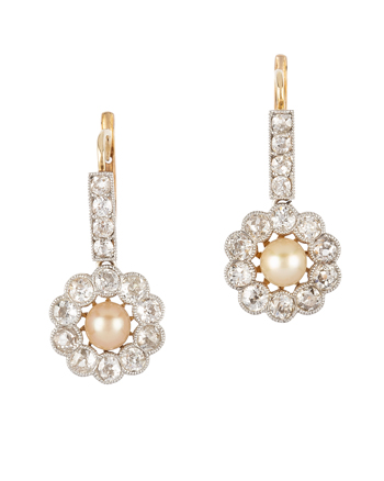 Cercei autentici Art Deco din aur de 18k cu perle si diamante naturale