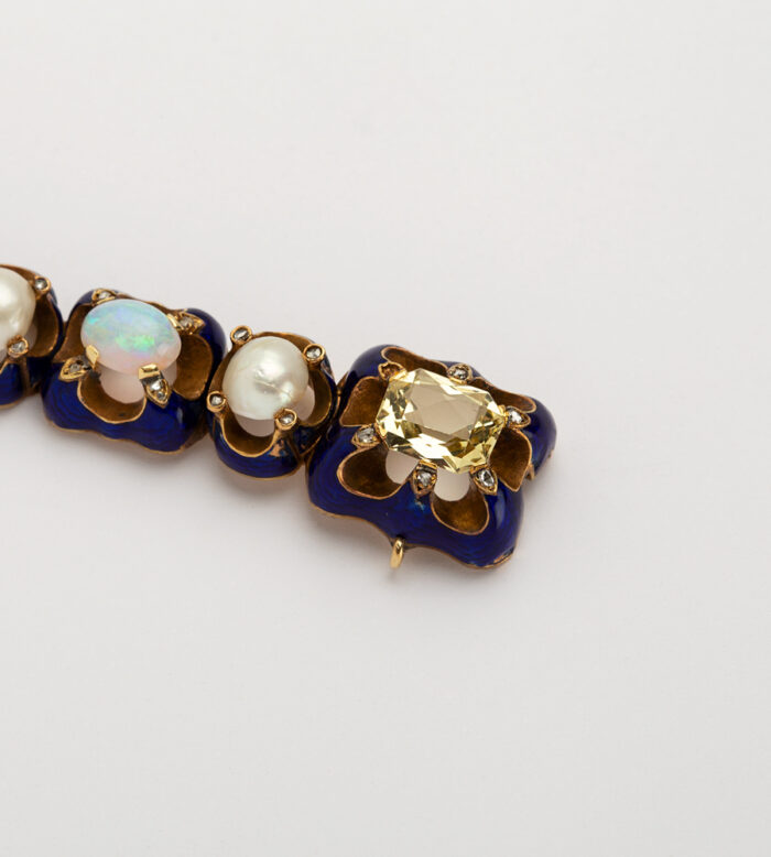Bratara vintage din aur de 18k smarald, rubin, opal, citrin, ametist, diamante si perle naturale