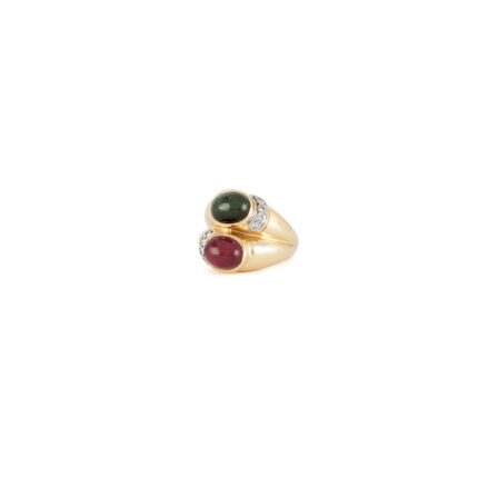 Inel din aur de 14k cu turmalina rosie, verde si diamante naturale