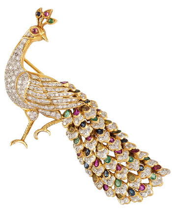 Brosa paun din aur de 18k cu smaralde, rubine, safire si diamante naturale