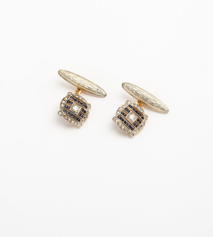 Butoni de camasa Art Deco din aur de 18k si platina cu safire si diamante naturale