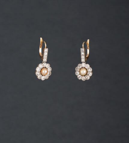 Cercei autentici Art Deco din aur de 18k cu perle si diamante naturale
