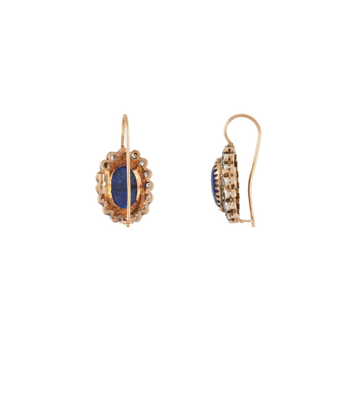 Cercei vintage din aur de 12k cu lapis lazuli si anturaj diamante naturale