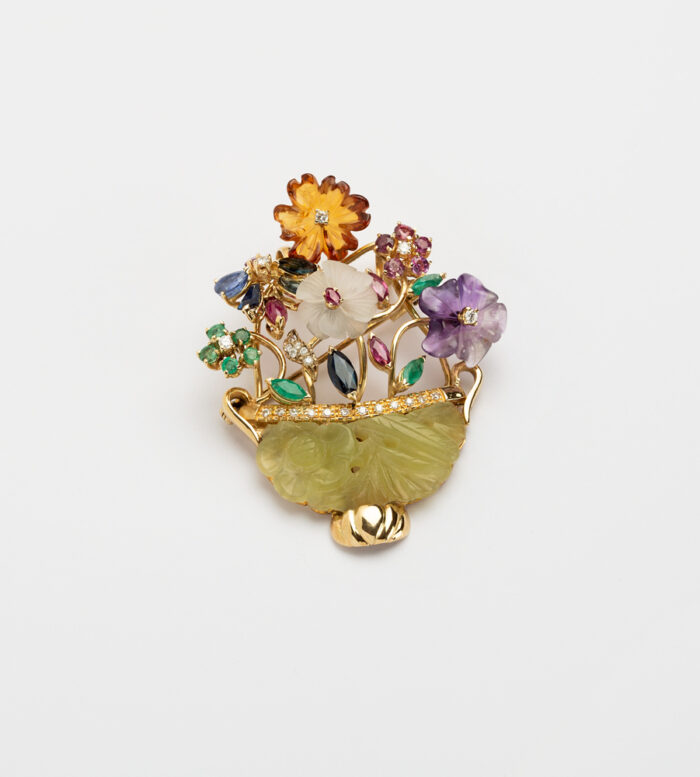 Brosa-pandant cosulet cu flori din aur de 18k cu mix de pietre naturale
