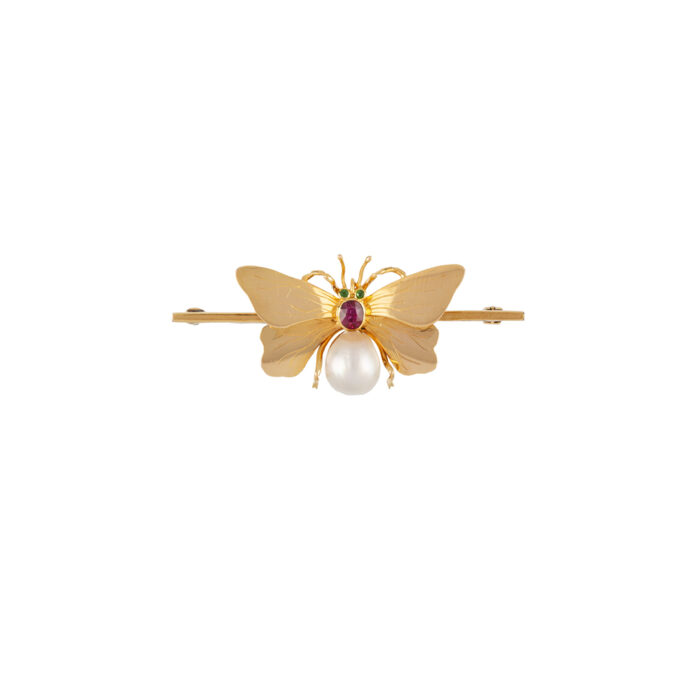 Brosa vintage fluture din aur de 15k cu perla si rubin
