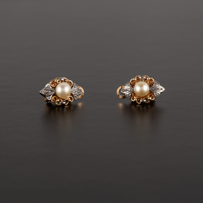 Cercei clips vintage din aur de 18k cu perlute si diamante naturale