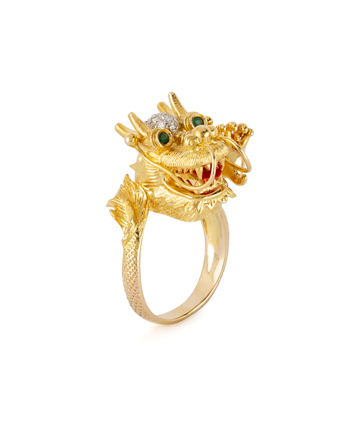 Inel cu dragon din aur de 14k cu smaralde si diamante naturale
