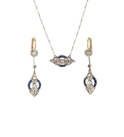 Set autentic Art Deco din aur de 18k cu safire si diamante naturale