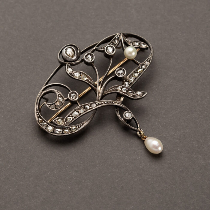Brosa-pandant Art Nouveau din aur de 18k si argint cu perlute si diamante naturale