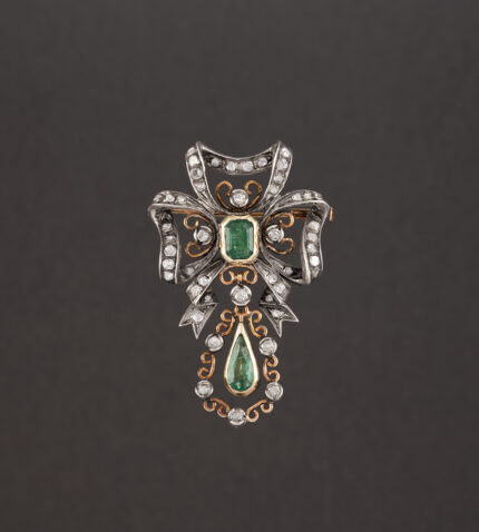 Brosa victoriana din aur de 18k si argint cu smaralde si diamante naturale