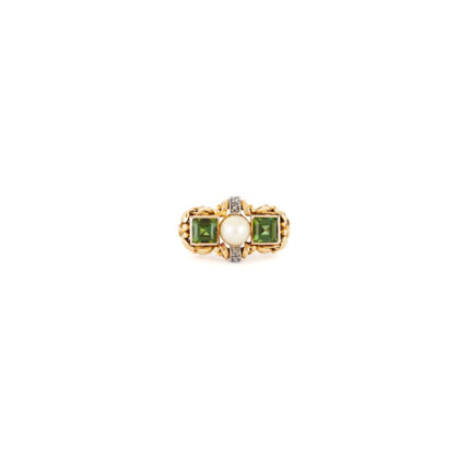 Inel Art Deco din aur de 14k cu turmalina verde, perla si diamante naturale