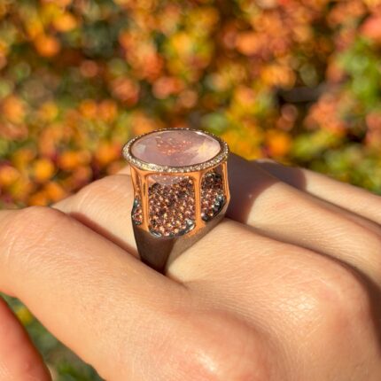 Inel creatie din aur roz  si negru de 18k cu turmalina roz, safire si diamante naturale