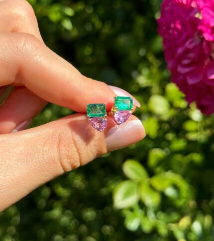 Cercei stud din aur de 14k cu smaralde si safire roz naturale