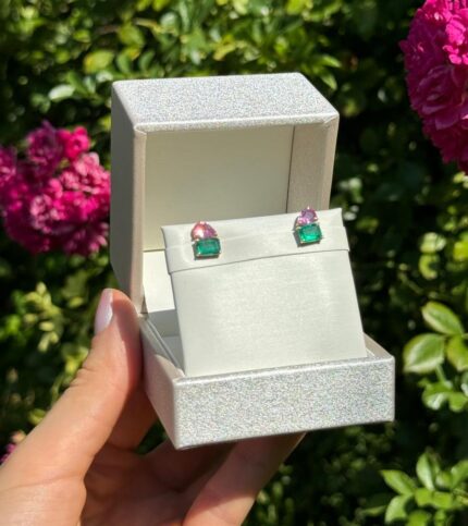 Cercei stud din aur de 14k cu smaralde si safire roz naturale