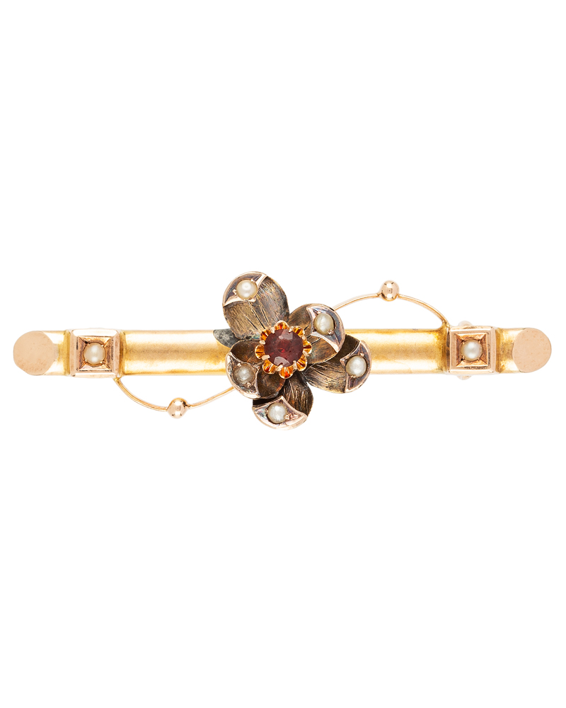 Brosa vintage din aur de 14k cu perlute si granat
