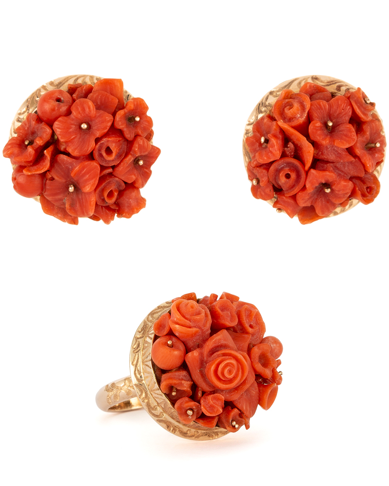 Set vintage din aur de 12k si coral natural sculptat