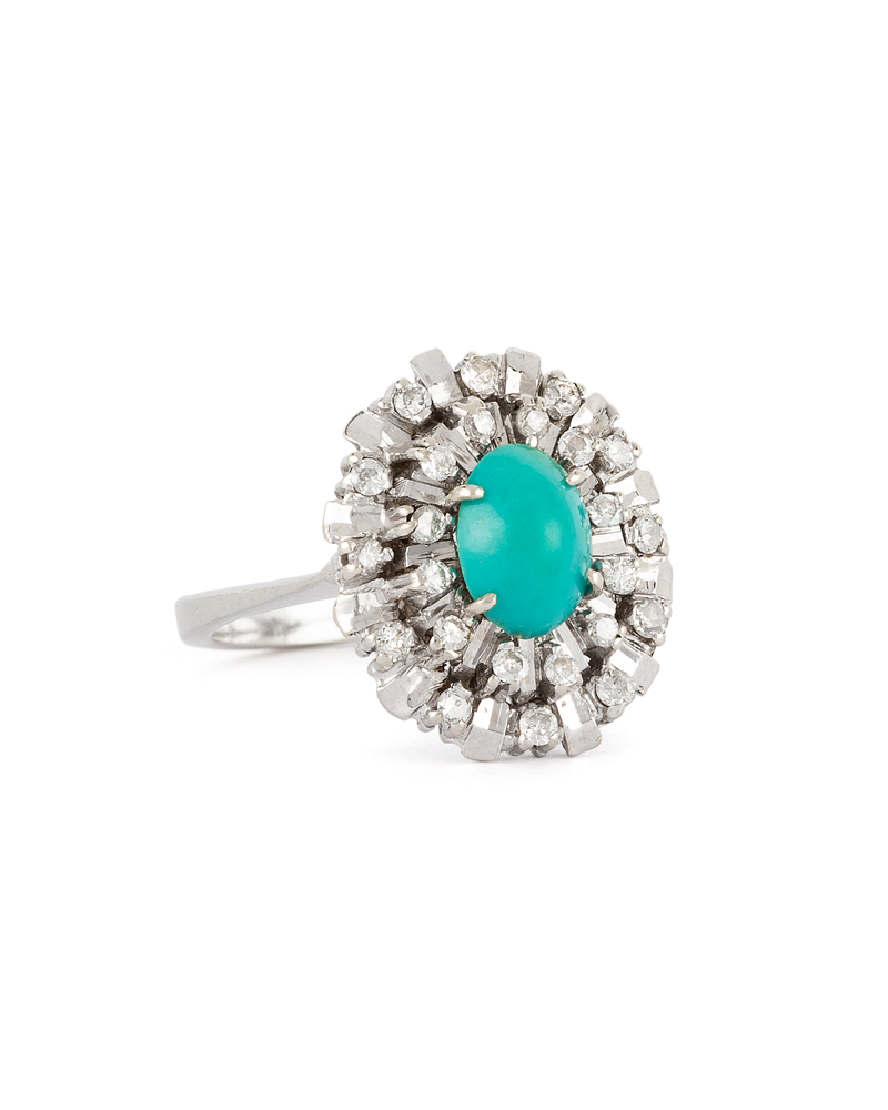 Inel vintage din aur alb de 18k cu turcoaz si diamante