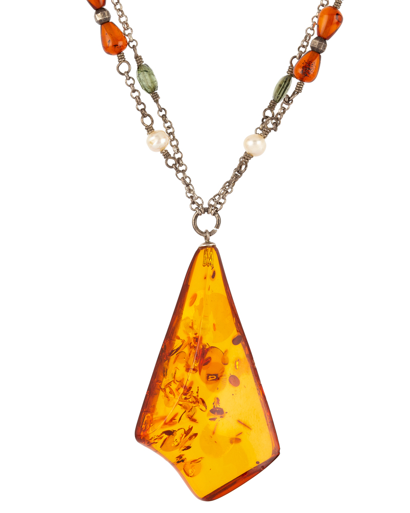Colier vintage din argint cu chihlimbar, ametist, peridot si perlute naturale