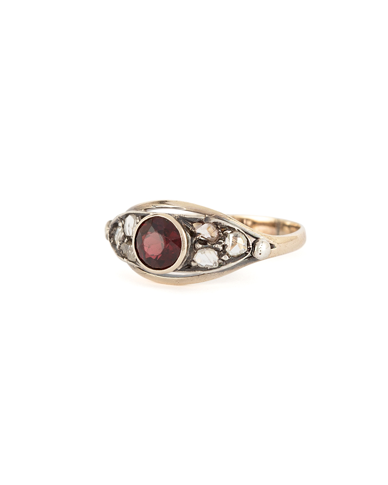 Inel vintage din aur de 9k cu granat si diamante naturale montate in argint