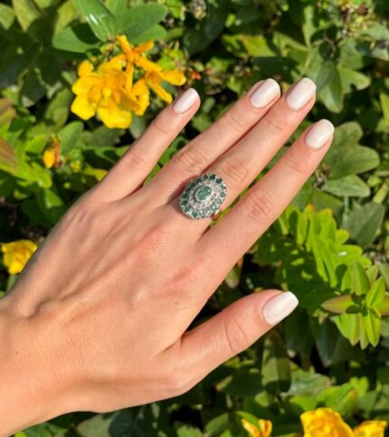 Inel vintage din aur de 18k cu smaralde si diamante naturale montate in argint