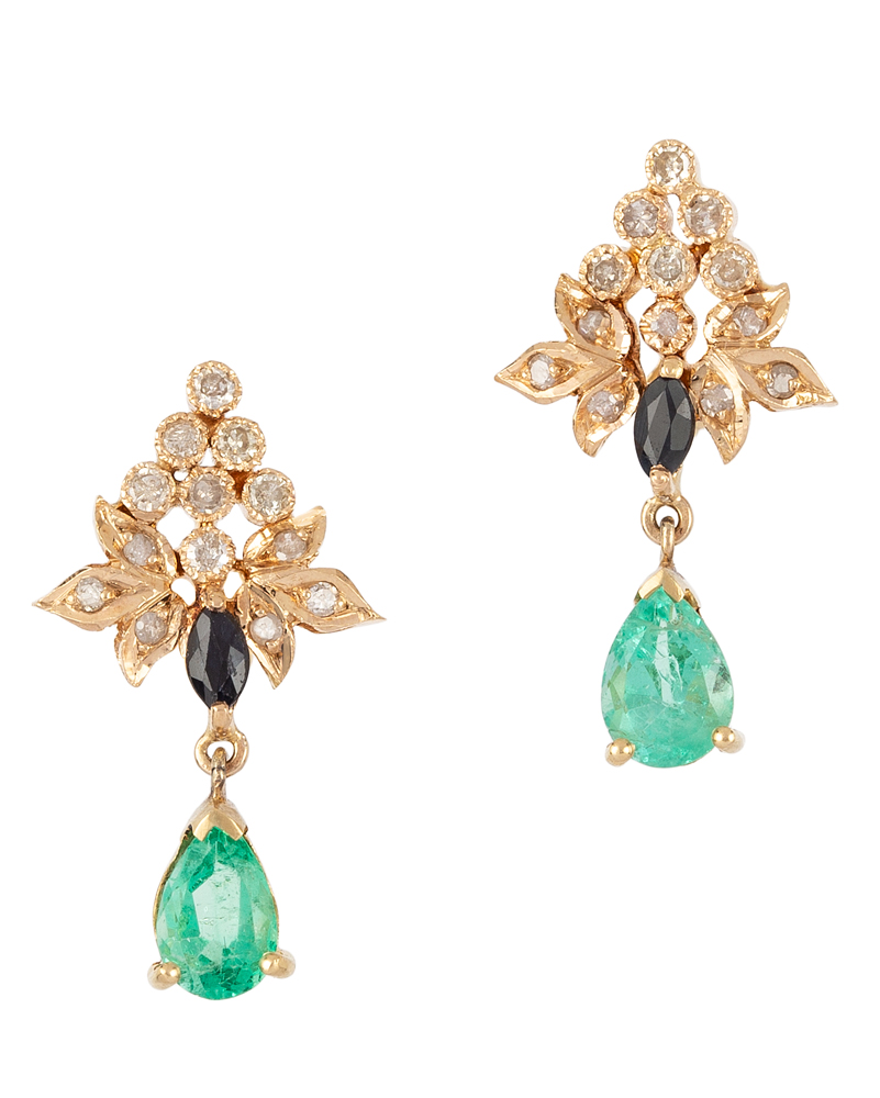 Cercei vintage din aur de 18k cu safire, smaralde si diamante
